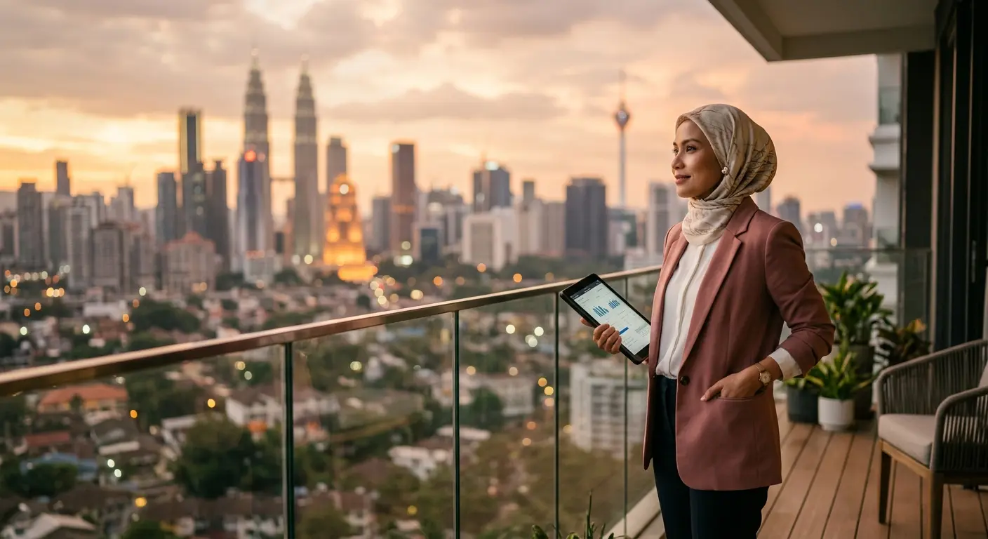 Wanita memerhati portfolio hartanah dari balkoni kondominium