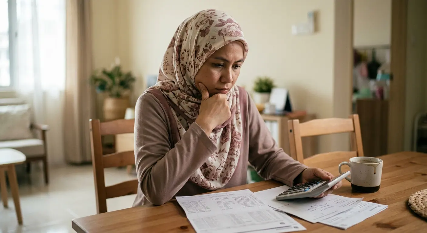 Wanita mengira penyata simpanan di meja makan
