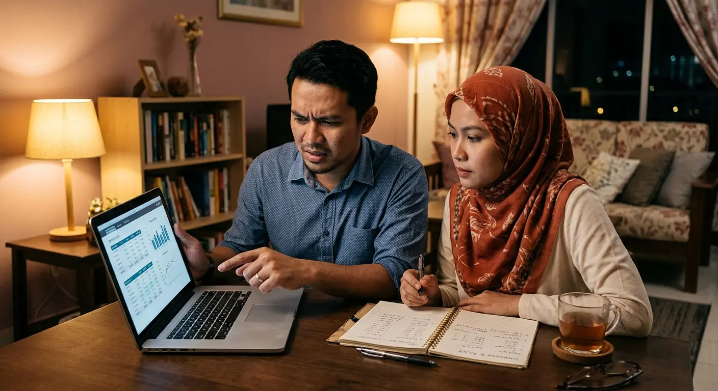 Pasangan meneliti jumlah simpanan di meja ruang tamu
